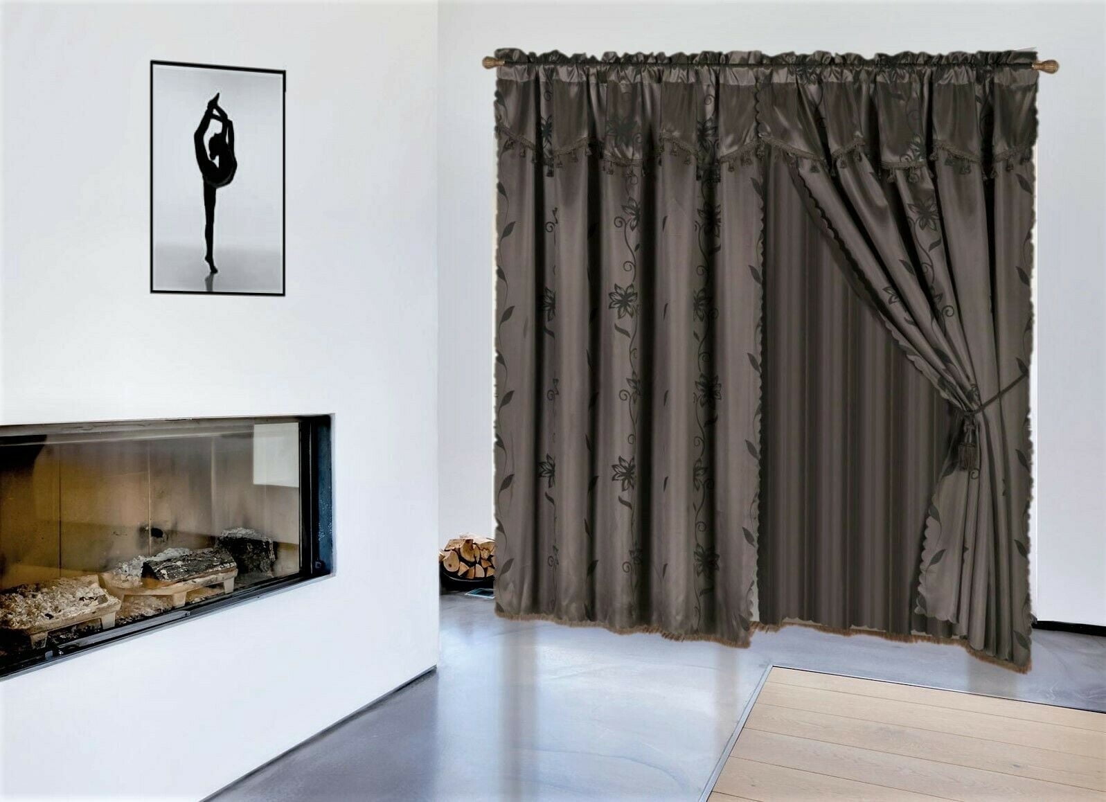 Nada 8-Piece Solid Brown Elegant Rod Pocket Window Curtain Panel Floral Printed Treatment Drape with Matching tieback Set in 84"
