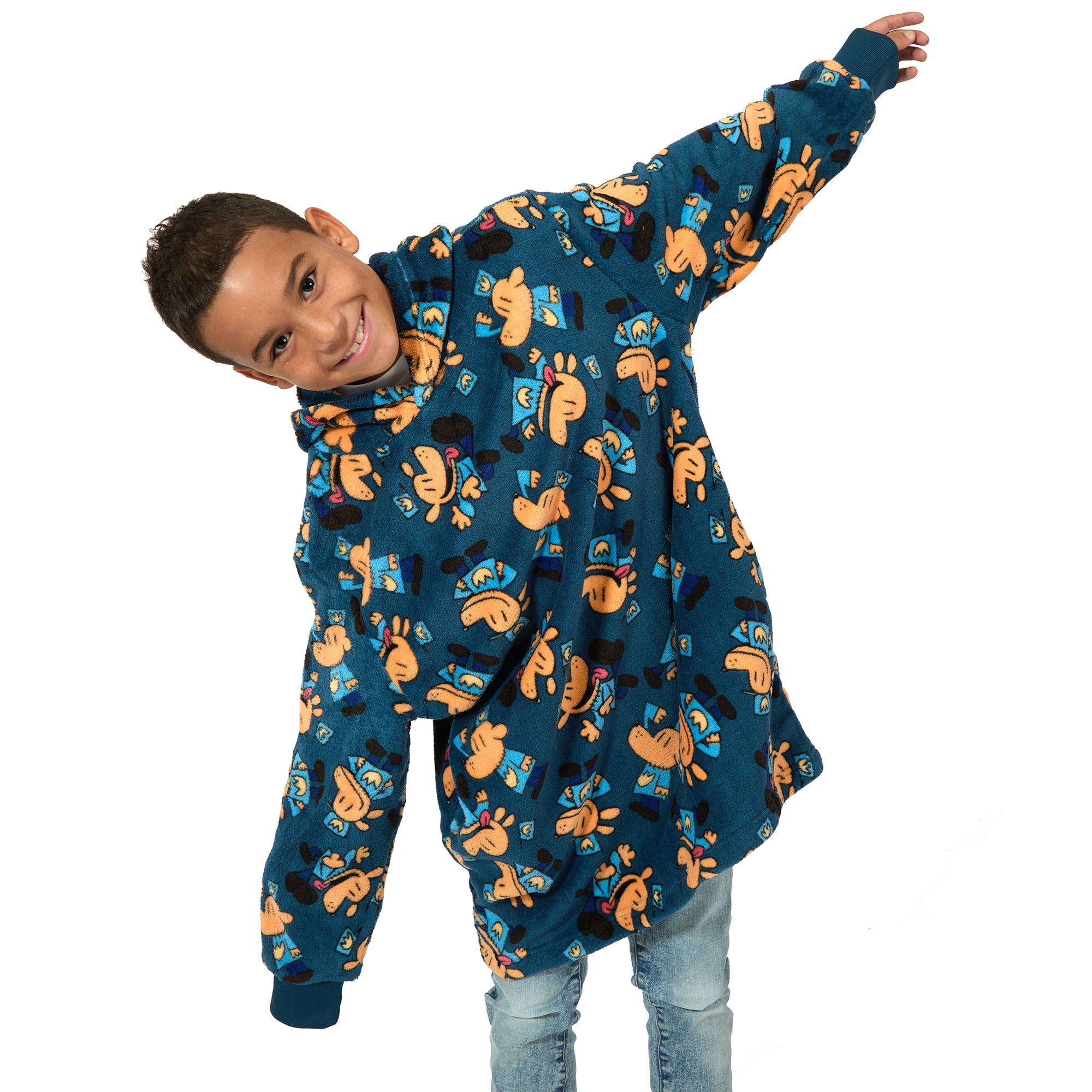 Dog Man All-Over Character Print Long Sleeve Boy's Blue Oversized Wearable Kids Hoodie Blanket-L/XL