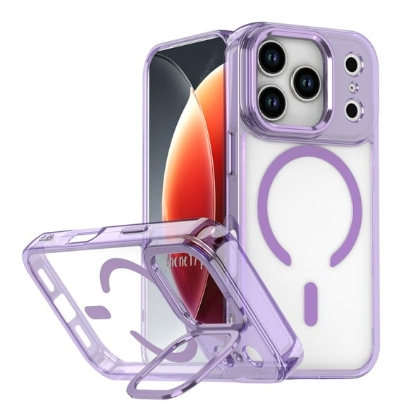 For iPhone 17 Pro Max Case, Magnetic Clear Case with Lens Kickstand, Full-Body Shockproof Protective Crystal Cover, Compatible with MagSafe, Anti-Yellowing Transparent Phone Cover,Purple