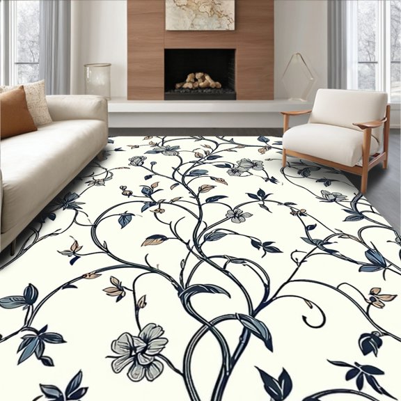 Flatwoven High Traffic Area Rug, Elegant Botanical Floral Tapestry With Intricate Vine, Non Slip, Stain Resistant, Washable Area Rugs for Living Room, Bedroom(Ivory, 4X6)