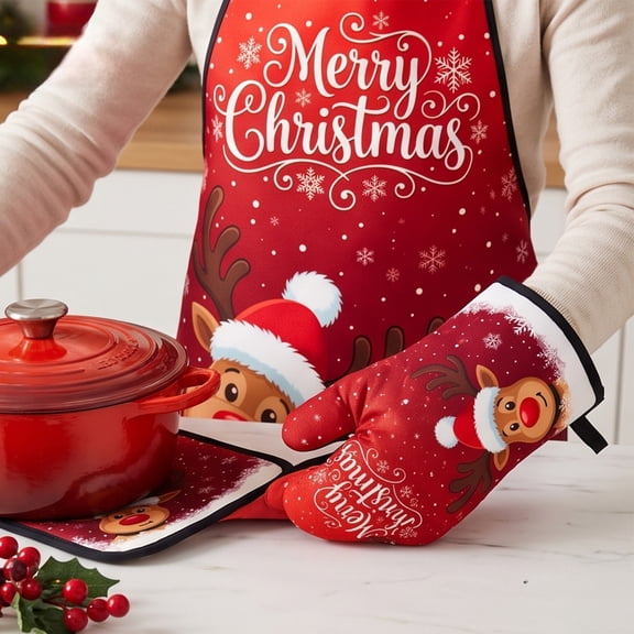 Christmas Kitchen Oven Mitts 3-Piece Set, Heat Resistant Cooking Gloves, Apron and Pot Holders, Holiday Baking Gift.