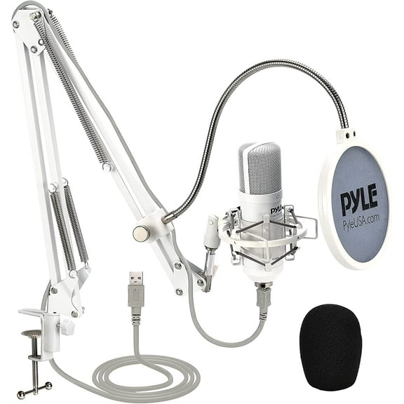 Pyle Professional USB Podcast Microphone Kit - High-Res. Mic with USB Cable, Mic Stand, White