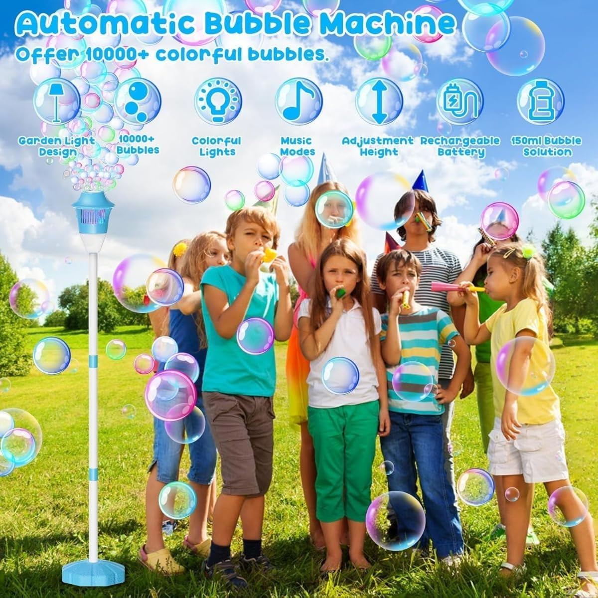 47in Bubble Torch Garden Lamp, Automatic Bubble Maker Stand Machine Rechargeable, with Night Light and Music, for Wedding Birthday Picnic Camping Party