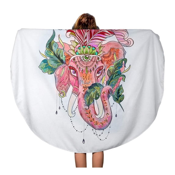 SIDONKU 60 inch Round Beach Towel Blanket Colorful Abstract Sketch of Circus Elephant on Red Travel Circle Circular Towels Mat Tapestry Beach Throw