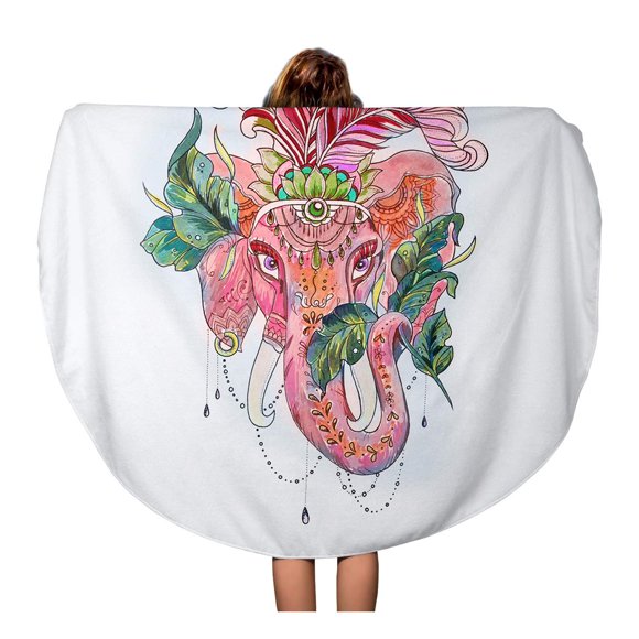 JSDART 60 inch Round Beach Towel Blanket Colorful Abstract Sketch of Circus Elephant on Red Travel Circle Circular Towels Mat Tapestry Beach Throw