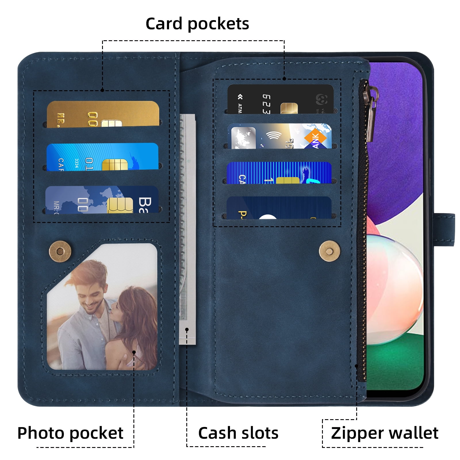Asuwish Phone Case for Samsung Galaxy A22 5G Wallet Cover With Tempered Glass Screen Protector Crossbody Wrist Strap Flip Pattern Zipper Credit Card Holder Stand Cell A 22 22A A22s G5 Women Men Blue