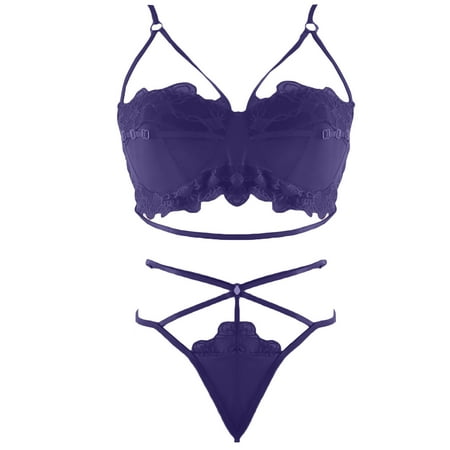 

DNDKILG Womens Eyelash Lace Teddy 2 Piece Strappy Bodysuit Lingerie Set Low Rise Purple XL