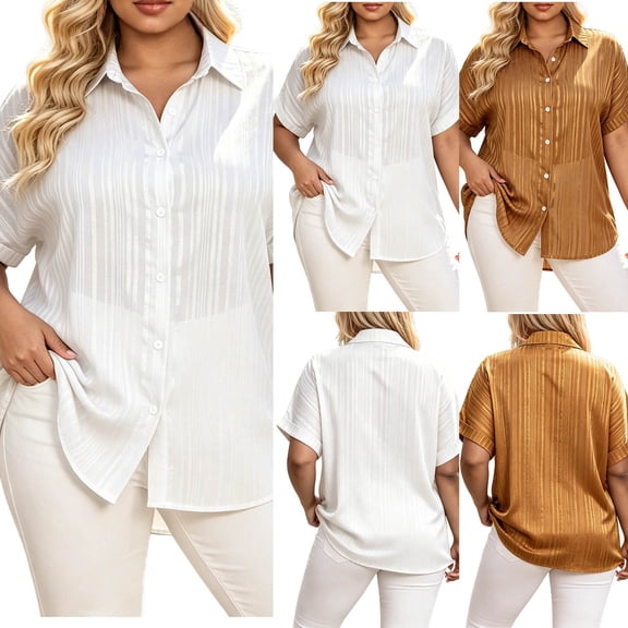 Feancey Womens Plus Size Button Down Shirts Short Sleeve Collared Textured Shirt Summer Casual Loose Blouses Elegant Office Work Tops Gold XL