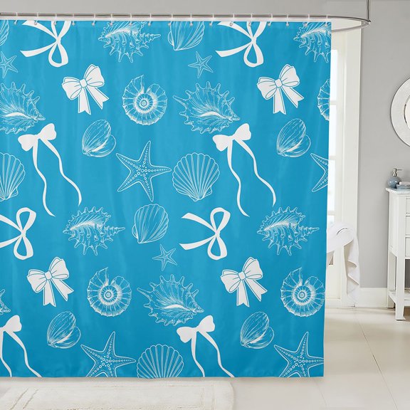 Manfei Coastal Starfish Scallop Shower Curtain 72Wx72L,Ribbon Bow Bathroom Curtain