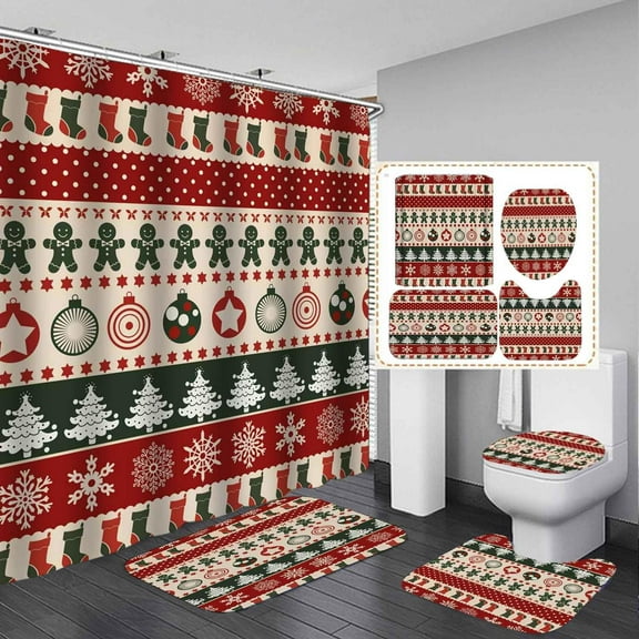 4PCS Christmas Shower Curtain Sets with Rugs, Waterproof Fabric Beige Shower Curtain, Black Buffalo Plaid Poinsettia Floral Berry Botanical Winter Holiday Happy New Year Xmas Bathroom Decor