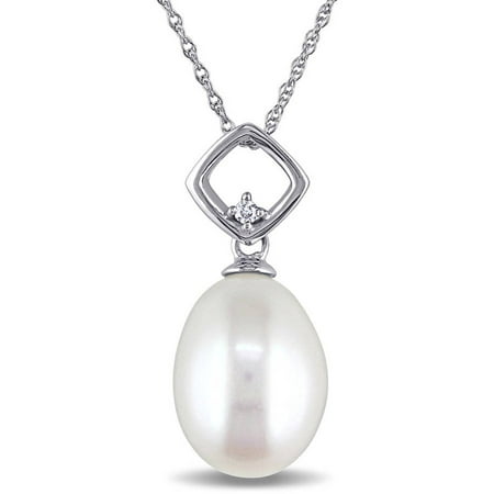 Miabella 9-9.5mm White Cultured Freshwater Pearl and Diamond-Accent 10kt White Gold Geometric Drop Pendant, 17