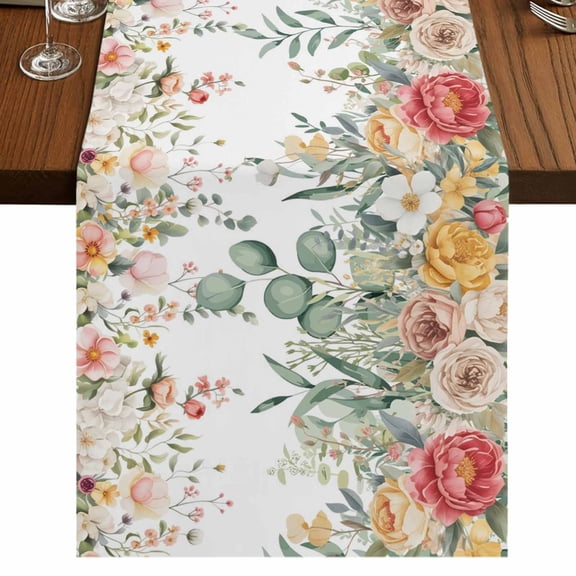 Table Runners 36 Inches Long Dress Scarves, Spring Floral Farmhouse Kitchen/Dining Table Runner, Short Coffee Tablerunners, Watercolor Roses Eucalyptus Leaves Botanical 13x36 Inch