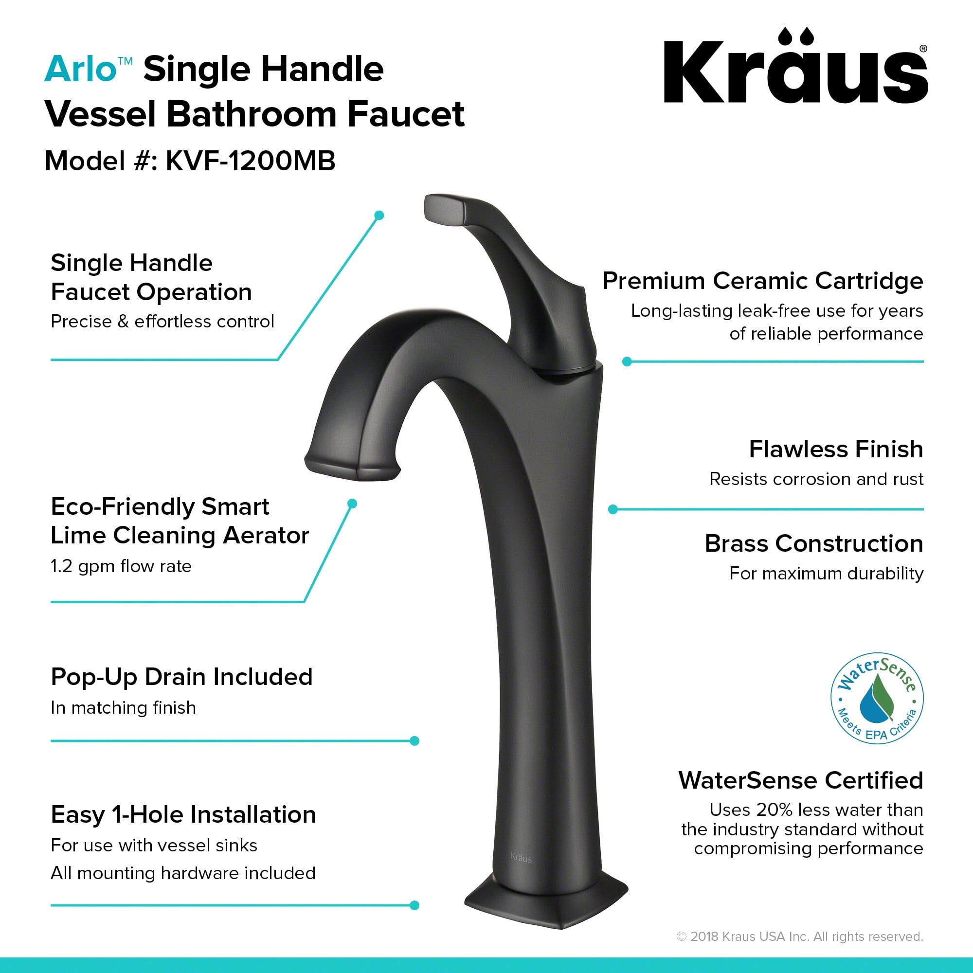 KRAUS Arlo Matte Black Single Handle Vessel Bathroom Faucet with Pop Up Drain