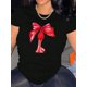 thumbnail image 1 of Camisetas de verano para mujer, manga corta, cuello redondo, casual, lindo, con gráficos, camisetas básicasWomen's Casual Crew Neck T-Shirt with Abstract Red Bow Print - Polyester & Spandex Blend, K, 1 of 6
