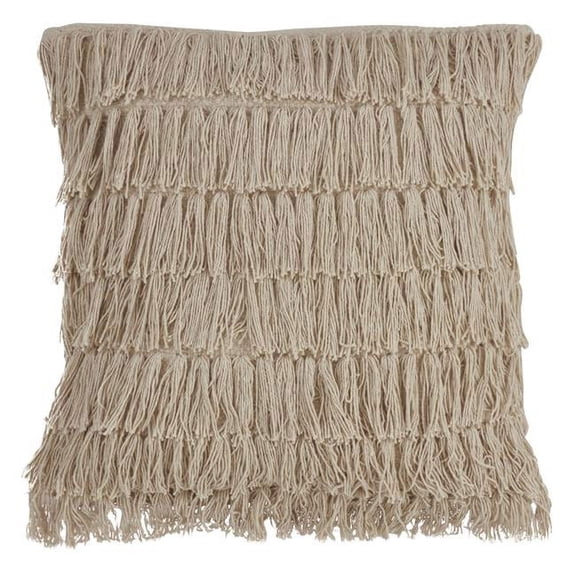 SARO 5990.N18S 18 in. Square Down Filled Woven Fringes Throw Pillow - Natural