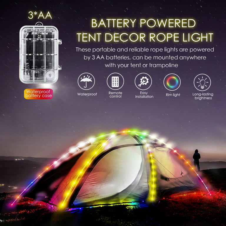 Camping Tent String Lights (40FT), 17 Colors 7 Flashing Modes LED Rope  Lights Battery Operated with Remote Control, Waterproof Camping Tent Light