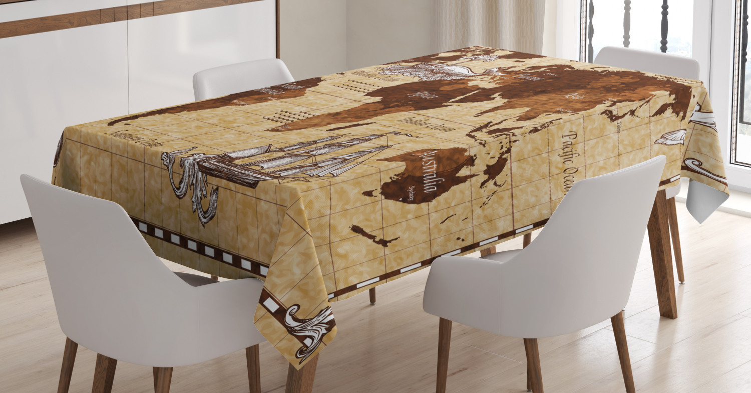 Map Tablecloth, Hand Drawn Sketch Retro World Map with Lettering Old