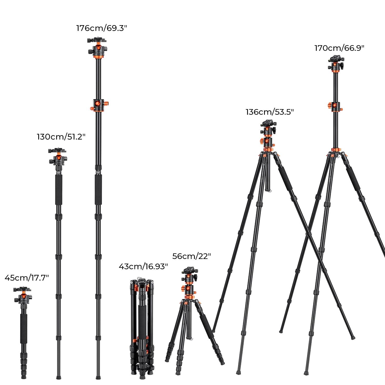 K&F Concept 67"/1.7m Aluminum Video Camera Tripod, Transverse Center Column 35lbs/16KG Load Capacity Portable Monopod with 36mm Ball Head Quick Release Plate