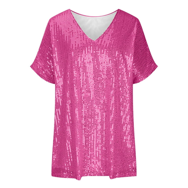 Plus Size Sequin Tops Women Fashion V Neck Loose Short Sleeve