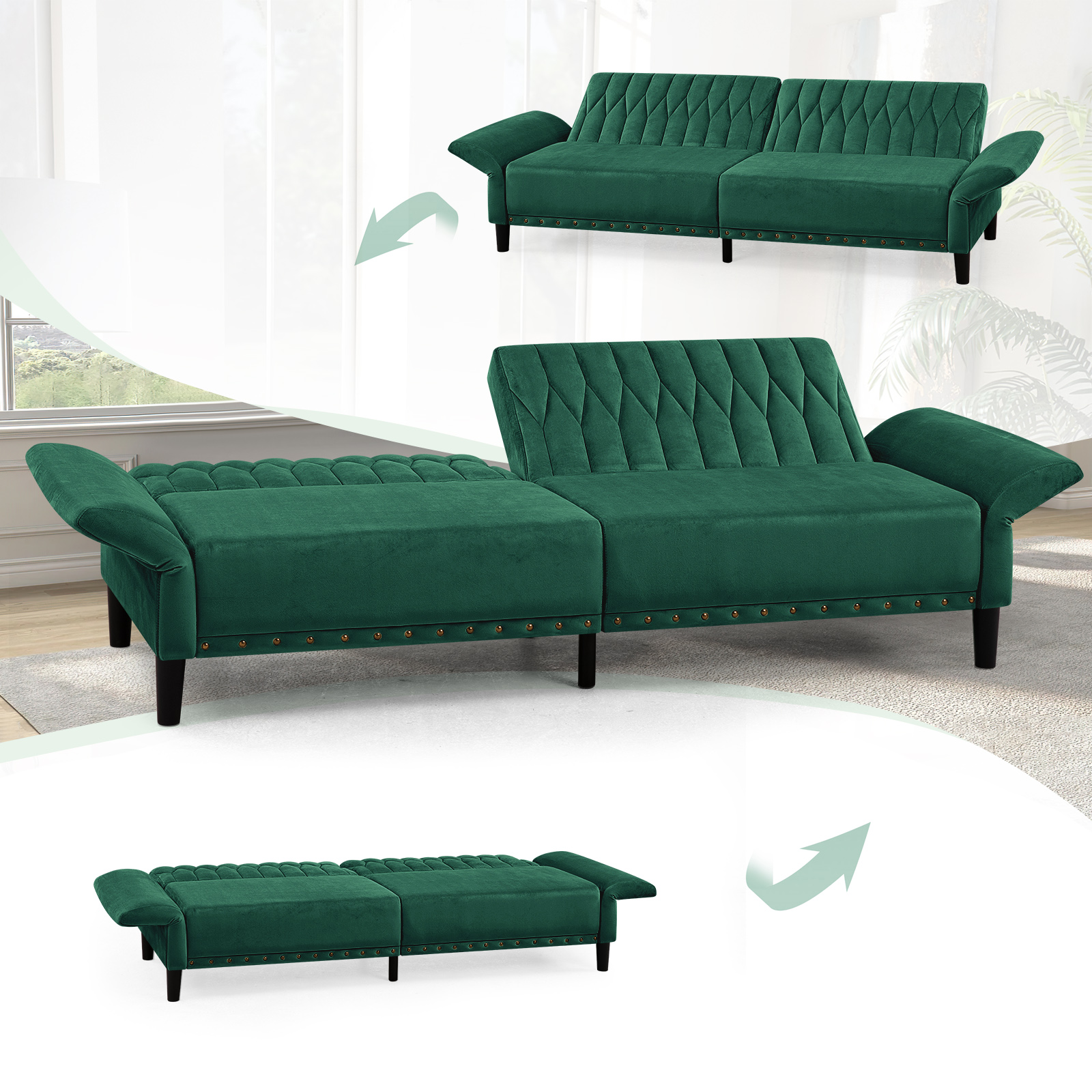ACMEASE 77 Inches Velvet Sofa Bed w/Adjustable Backrests & Armrests, Tufted Sleeper Sofa Couch w/Nailhead Trim, Convertible Modern Recliner Loveseat for Living Room,Office, Green
