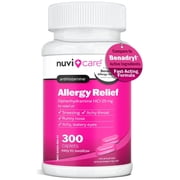 NUVICARE Allergy Relief Tablets - Diphenhydramine 25mg Antihistamine Tablets for Runny Nose, Sneezing, Itchy Eyes & Throat - Compare to Benadryl Allergy Meds - OTC Adult Allergy Medicine (300 Count)