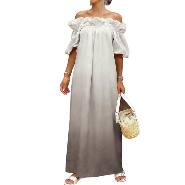 Mujeres Más Tamaño Manga Corta Tops Off-Hombro Ruffle Puff Manga Maxi Vestido, Vestido de Vacaciones de la Playa Gradiente Flujo para el Resort de Verano