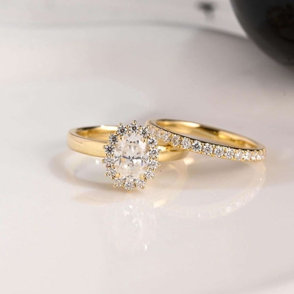 vylahjewellery 14K Vermeil Yellow Gold Wedding Bridal Ring Half Eternity Wedding Band Luxury Oval Cut Engagement Ring Set Halo Moissanite Diamond Pave Proposal Jewelry