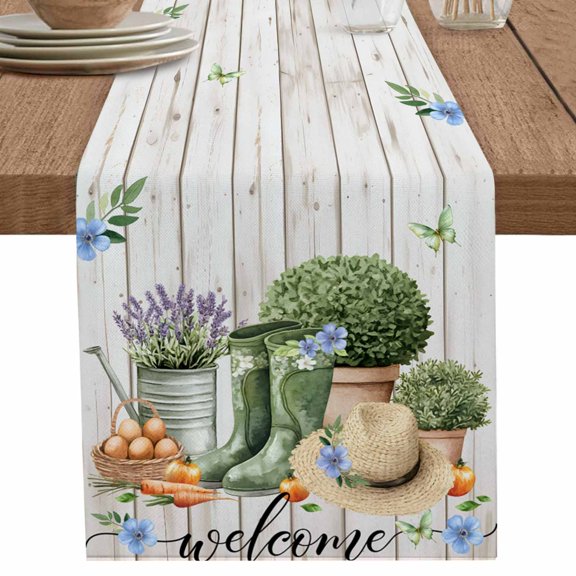 nqOlkjepod Green Lavender Table Runner 90 Inches Long Farmhouse Dress Scarves, Potted Plant Butterfly Flowers Boots Dining Tablerunner for Coffee Table/Kitchen Island/Party Décor, 13" x 90"