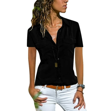 

LAPA Women Casual Basic Short Sleeve Shirt Buttons Lapel V Neck Top Blouse