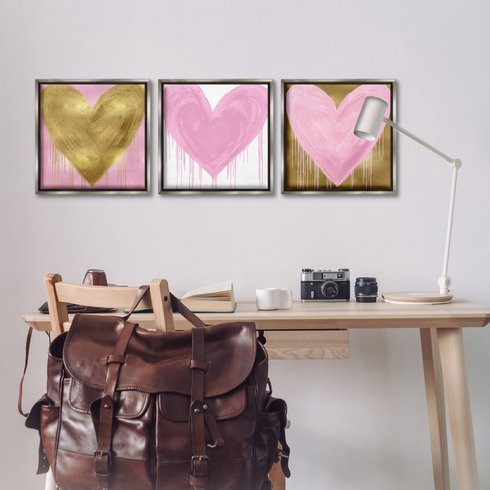 Stupell Industries Glam Paint Drip Hearts Design Art for Kids Painting Gray Floater Framed Canvas Art Print Wall Art, 18 x 18, Set of 3