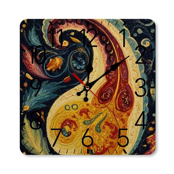RKSupls 10×10inch Square Silent Wall Clock Wooden Frame, Paisley Art Pattern Scale Decorative Clock for Home Bedroom Living Room Office