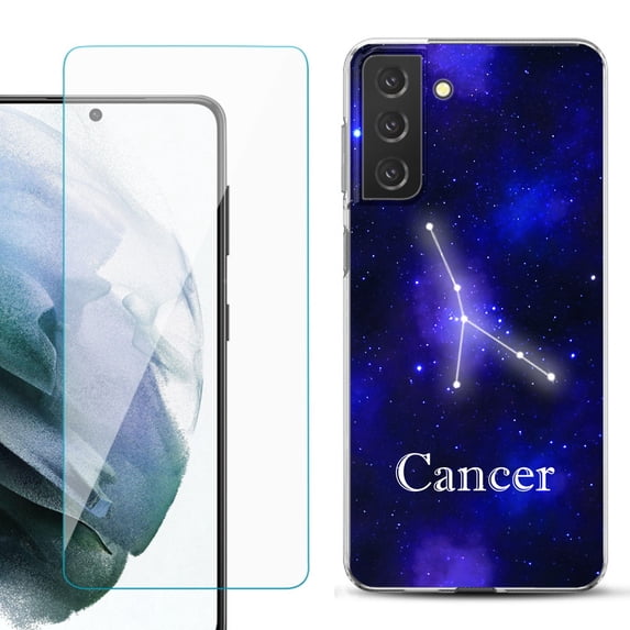 Slim-Fit TPU Fashion Phone Case for Samsung Galaxy S21 FE 5G Fan Edition, with Tempered Glass Screen Protector, by OneToughShield ® - Zodiac / Cancer
