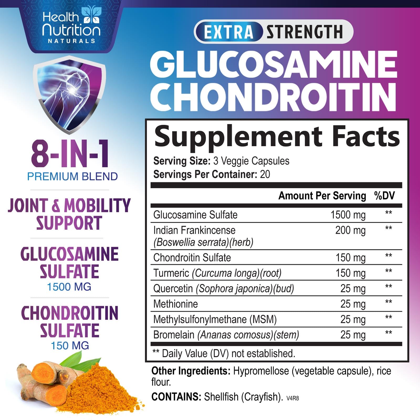 Glucosamine Chondroitin 2100mg - 3X Strength Joint Support Supplement with MSM, Glucosamine Sulfate, Turmeric, Boswellia, Quercetin for Cartilage, Flexibility & Mobility, Bottled in USA, 60 Capsules