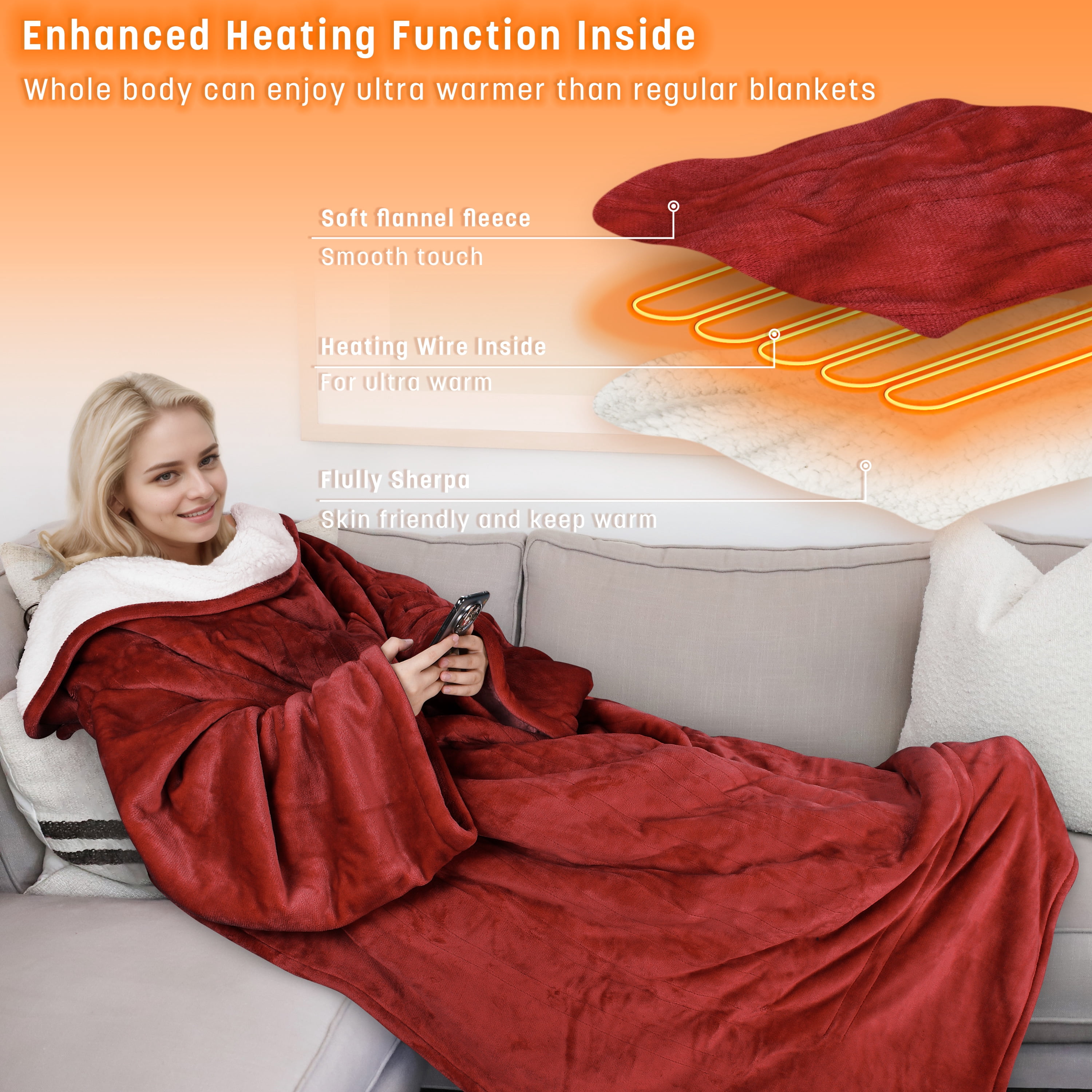 Catalonia Heated Blanket with Sleeves, Electric Snuggle Blanket for Women Men, Wearable Wired Heating Throw Blanket,Cold Gift