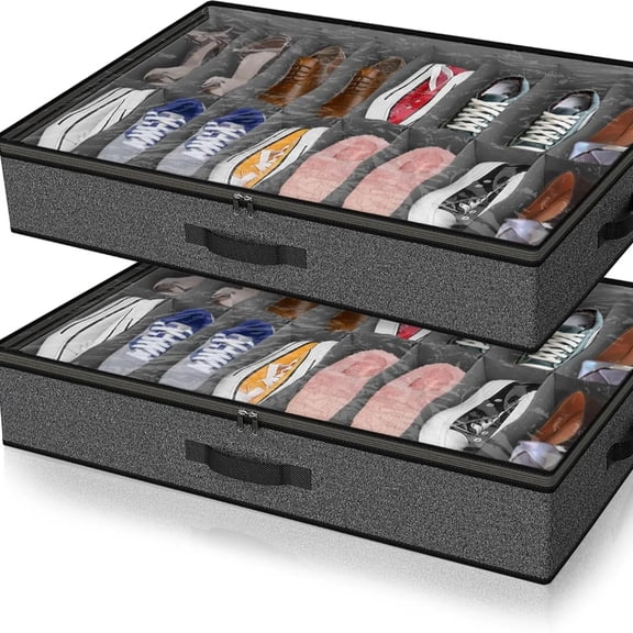 2 Pack Under Bed Shoe Organizer Bags, 48-Pair Large Capacity Foldable Shoe Storage with Clear Window, Dustproof Cover, Zipper and Handles, Closet and Bedroom Organizer