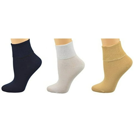 Studded Ankle Cuff (Sierra Socks Women's 3 Pair 100% Cotton Ankle Turn Cuff Seamless Toe (10 (Fits Shoe Size 7 1/2 - 9), Assorted)