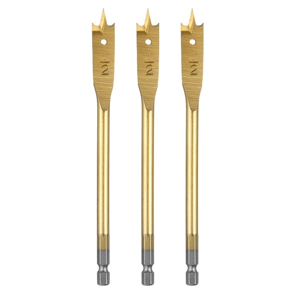 Uxcell 3Pcs Spade Drill Bit 1/2" Paddle Flat Bits for Woodworking Fiberglass Gold Tone