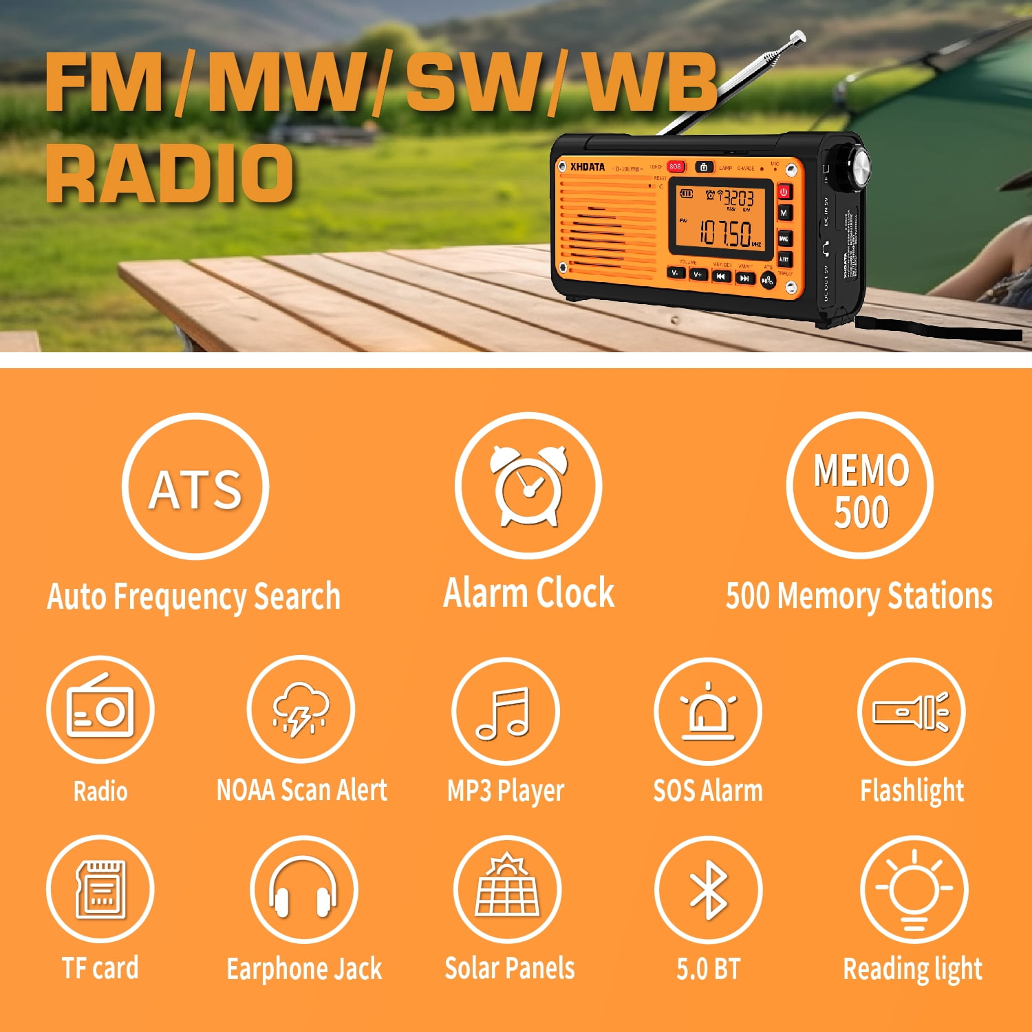 XHDATA D608WB - Emergency Weather Hand Crank Radio FM/AM/SW/NOAA Alert Portable, Bluetooth MP3, USB/Solar/Hand Crank Charging, Flashlight, Reading Lamp and SOS Alarm