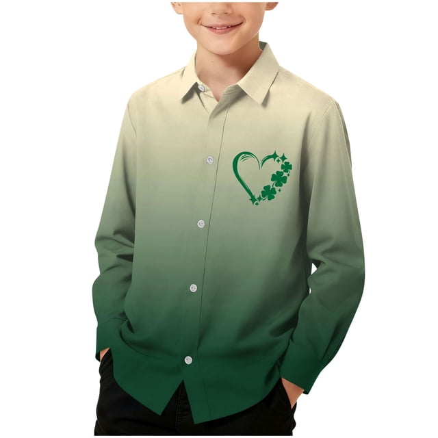 RXMEKW Chemise à Manches Longues Imprimée de la Saint-Patrick pour Garçons avec Col Rabattu, 95 % Coton 5 % Élasthanne, Vert