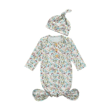 

Vera Natura Newborn Baby Nightwear with Hat Cartoon Patterns Print Round Neck Long Sleeve Sleepwear Beanie Hat for Kids 0-3 Months