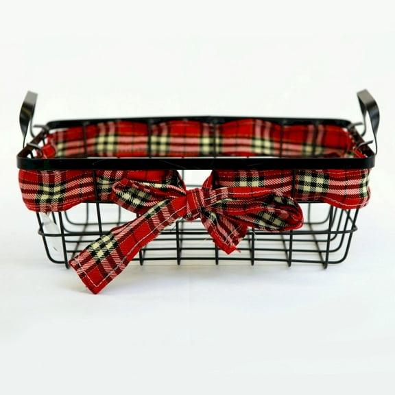 Black Wire With Handles And Red And Black Plaid Ribbon Basket