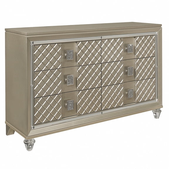 Benjara Loy Dresser, 55 Inch, 6 Drawers, Champagne Gold Metallic, Mirror Trim