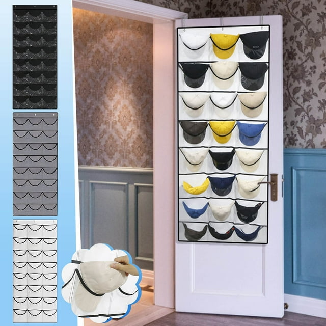 Vaidha 24 Pockets Hat Rack For Baseball Caps, Baseball Hat Organizer For Wall/Over The Door, Caps Hat Hanger For Closet With Large Clear Pockets & 3 Hooks, Hat