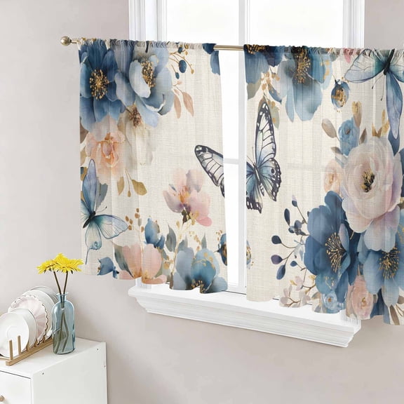 Vintage Blue Floral Sheer Curtains 54 Inch Length 2 Panels Set, Butterflies Watercolor Flower Linen Voile Window Treatment Rod Pocket Short Kitchen Curtains Drapes for Bedroom 52"x54"x2