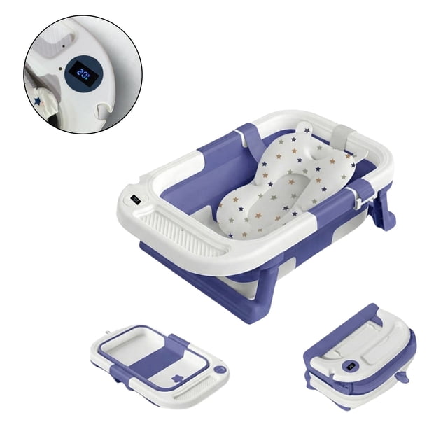 Bañera Tina Baño Bebé Plegable Motek Squash con Termómetro Azul