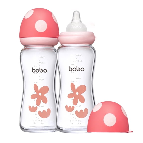YOHKOH Wide‑Neck Glass Baby Bottles, Natural Response Nipple, Red, 8.8 oz, 2 Pack