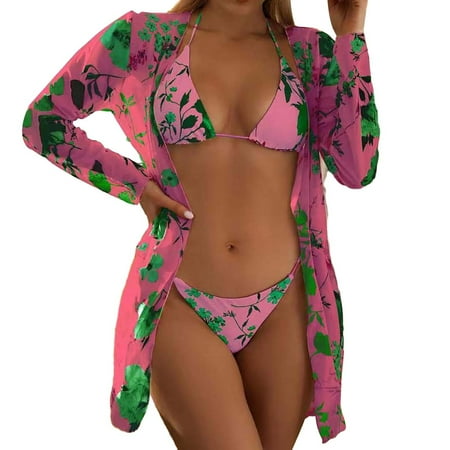 Yoodem Coverups for Bathing Suits Bikini Beach Cover Up Vacation Cover Ups for Women Floral High Stretch 3 Set Swimsuits Triangle Halter Tie Strap Bikini Cute Coverups Mesh Cover Up Hot Pink L