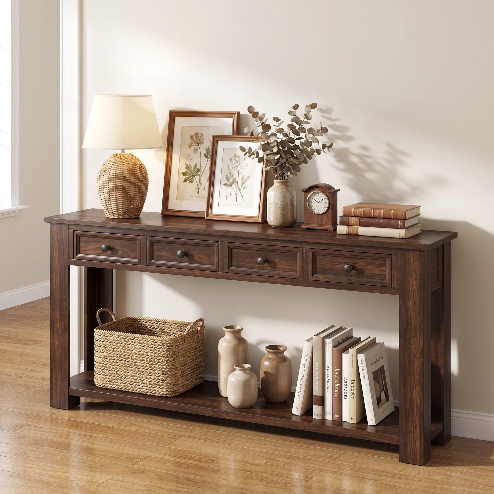 Furnibear 63 Inch Farmhouse Entryway Table Long Console Table with 4 Storage Drawers and Open Shelf for Living Room Hallway Sofa, Espresso