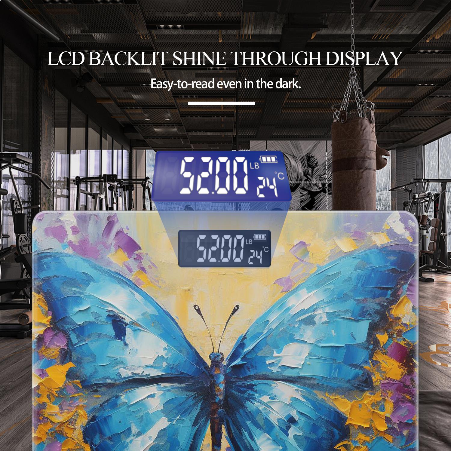 Highly Precision Body Scale Digital Weight Scale Battery Operated Bathroom Scale Decoration with Backlit Display(400 lbs)-Blue Butterfly Abstract Painting