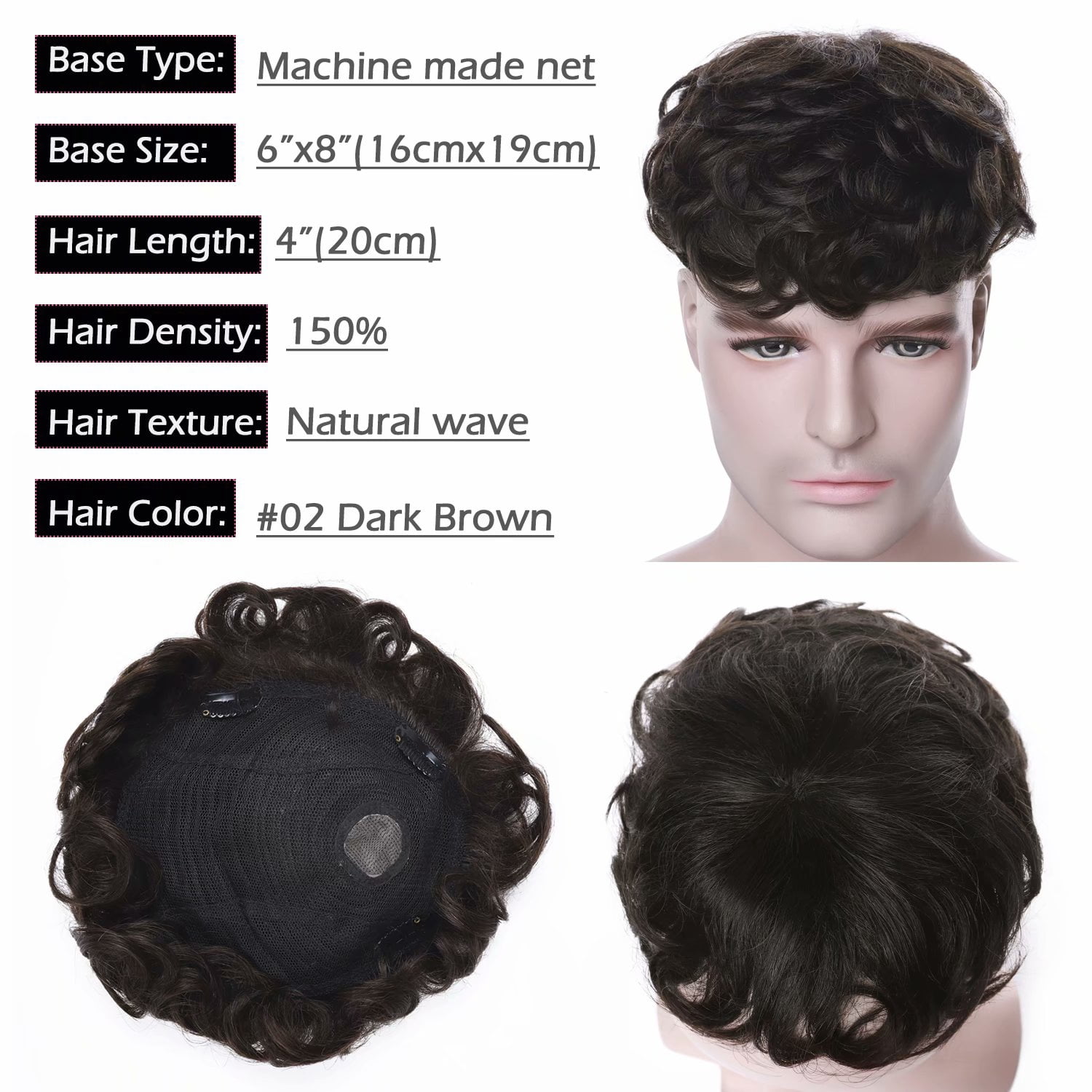 Benehair 100% Human Hair Top Toupee Piece Mans Wig Clip in Hairpiece Indian Remy Hair Replacement System Wigs Clip In Brown